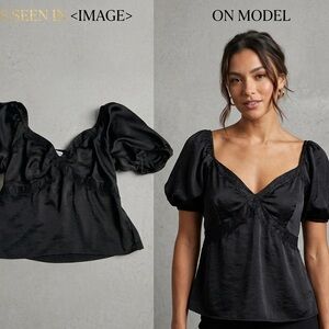 AND NOW THIS Black Silky Lace Inset Puff Sleeve Top Romantic Goth Dark Academia